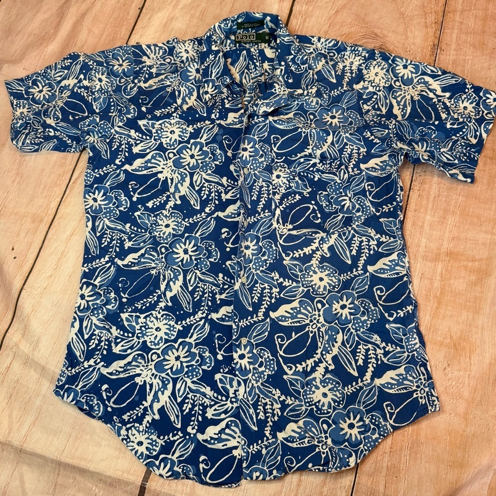 Vintage polo Ralph Lauren kids size 18 down shirt blue tropical